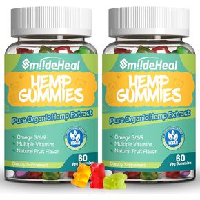 Hemp Gummies, Organic High Potency Hemp Supplement Gummy,Gluten Free, Natural Fruit Flavors, 60 Gummies(Pack of 2)