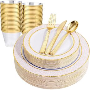 150PCS Rose Gold Plastic Plates – Disposable Rose Gold Plates with Rose Gold Plastic Silverware include 50Plates, 25Forks, 25Knives, 25Spoons, 25Cups for Wedding & Party
