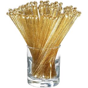 Ball Head Stirrer Disposible Plastic Round Top Crystal Swizzle Sticks ，Crystal Cake Pops, Cocktail Coffee Drink Stirrers 100 Pieces (Clear Gold Glitter)