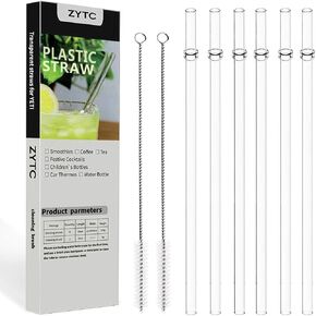 Reusable Drinking Straws,Long Clear Plastic Straws for 20 OZ & 30 OZ Yeti,Ozark Trail Tumblers,Set of 8 with Cleaning Brushes (Plastic Drinking straws-8pcs+2)