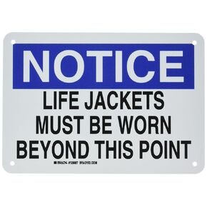 Brady 128887 Personal Protection Sign, Legend "Life Jackets Must Be Worn Beyond This Point", 7" Height, 10" Width, Black and Blue on White