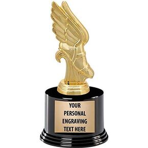 Crown Awards Track and Field Trophies with Custom Engraving, 7.25" Personalized Gold Winged Foot Running Trophy On Deluxe Round Base Prime