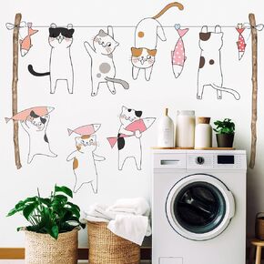 Removable Cartoon Animal Cats Wall Stickers Laundry Room Cats Clothes Hanger Fish Wall Decals Stickers for Girls Bedroom Decal Kids Nursery Sticker Bathroom Wall Art Decoration