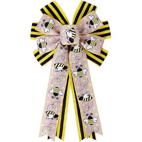 Bee Wreath Bow Summer Wreath Bow Bumble Bee Yellow Black Stripe Bow DIY Crafts Bow for Front Door Wreath Decorations Tree Topper Bow Spring Summer Decorations Supplies
