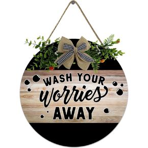 Wash Your Worries Away Rustic Round Wooden Wreath, Farmhouse Front Door Front Porch Decor, Decorative Wood Sign Home Or Office Bathroom Door Decor 12 In