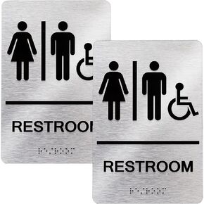 Fasmov 2 Pack All Gender Restroom Sign, Unisex and Handicap Braille Restroom Sign by Ada Compliant Wheelchair Bathroom Sign, Raised Icons, & Grade 2 Braille, Includes Adhesive Strips for Easy