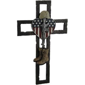 Faux-Metal Fallen Soldier Memorial Wall Cross with American Flag and Heart Theme, in Saudi Arabia