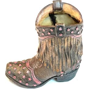 Sureg Western Cowgirl Cowboy Small Boot Figurine For Pen Pencil Toothpick Holder Pink Stars and Turquoise Fringe Design 1 Item (Pink Stars with Brown Fringe)