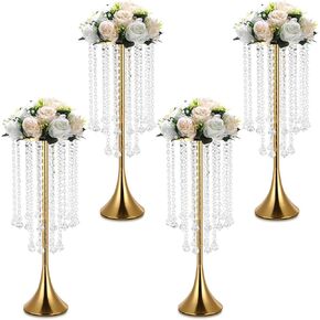 4 Pcs Gold Centerpieces for Table, Rozrety Wedding Centerpiece Vases for Tables 22inch Tall Metal Crystal Flower Stand for Party Event Wedding Anniversary Dinner Home Decorations