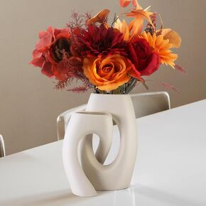 White Ceramic Vase Set of 2 with Fake Flowers 3-in-1, Interlocking Giftable Vases for Home Decor, Anniversary Weddings Birthday Holiday Arrangements, Nordic Boho Modern Aesthetic Ceramic Vase