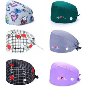 6 Pcs Adjustable Bouffant Scrub Caps for Women Men,Working Surgical Cap Nurse Hats with Buttons and Sweatband Tie Back