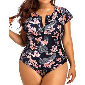 Holipick Plus Size One Piece Swimsuit for Women Tummy Control Cap Sleeves Bathing Suits Zipper 1 Piece Rash Guard Swimwear Size 18W Pink Floral