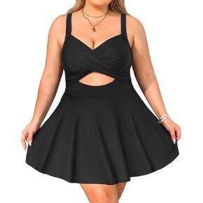 Tempt Me Women Black Plus Size One Piece Swimdress Cutout Swimsuit with Skirt V Neck Wrap Bathing Suits 22W