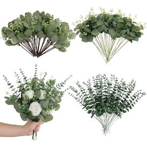 Alynsehom Artificial Greenery Stems 90pcs Mixed 3 Kinds Bulk Faux Eucalyptus Leaves Stems Fake Sprays Oval Eucalyptus with White Seeds, Floral Wreath Garland DIY Vase Bouquets Wedding Home Decor