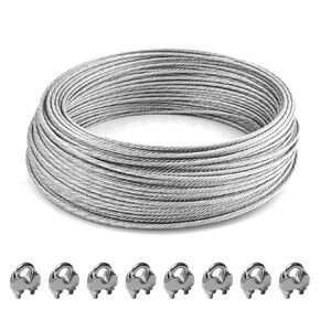 15 FT Stainless Steel Wire Cable with 8 Wire Clips, 3/16 Inch Heavy Duty Metal Cable with 7×19 Strand Core Perfect for Sun Shade Sails, Stair Railings, Clotheslines, Garden Decorations