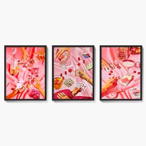UNXIS Fashion Funky Pink Canvas Wall Art Posters Set of 3 Trendy Vintage Funny Cocktail Bar Cart Preppy Wall Decor Pictures 12x16in Unframed, Room Decor Aesthetic for Teen Girls