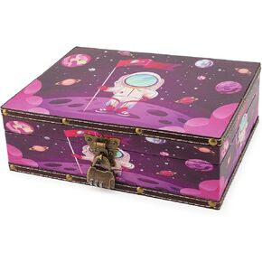 LINGXIAO Wood and Leather Treasure Chest with Lid and Lock-Decorative Jewelry Keepsake Storage Box for Kids, Teenagers,for Birthday Wedding Office Home Decoration, Space, Astronaut, 10.6 * 8.5 * 3.7"