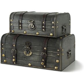 Soul & Lane Explorations Wooden Decorative Storage Boxes - Set of 2, Wood Pirate Chest for Keepsakes and Home Décor, Vintage Suitcase Trunks with Hinged Lids