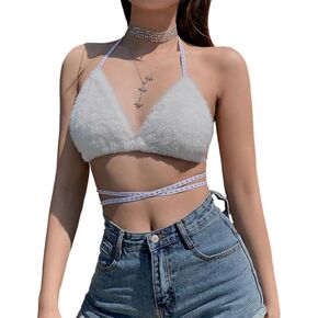Womens Fluffy Deep V Bra Faux Fur Bikini Sexy Halter Triangle Crop Top Backless Swimsuits Clubwear Bathing Suit