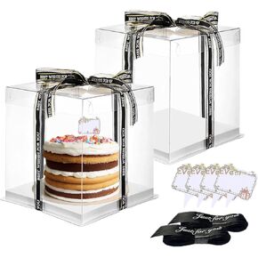 Clear Cake Box, 2 Pcs Transparent Cake Carrier Box with Lids, 6'' PET Cake Packaging Boxes with Ribbon Gift Card for Pastries, Clear Gift Boxes for Birthday, Wedding and Festival Party, White.