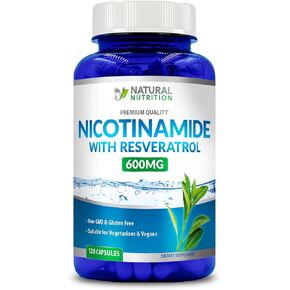 Natural Vitamin Nicotinamide with Resveratrol 600mg (Vitamin B-3) 120 Veggie Capsules Gluten Free & Non-GMO