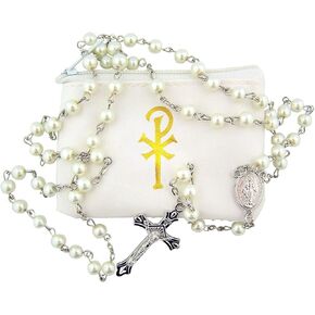 White First Communion Imitation Pearl Bead Rosary with Chi Rho Pouch, 20 Inches