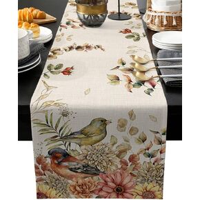 Fall Birds Eucalyptus Table Runner 72 Inches Long Cotton Linen Tablerunner Dresser Scarves,Vintage Rustic Farmhouse Leaves Sunflower Burlap Kitchen Dinner Cafe Runners Table Decor for Party,13x72