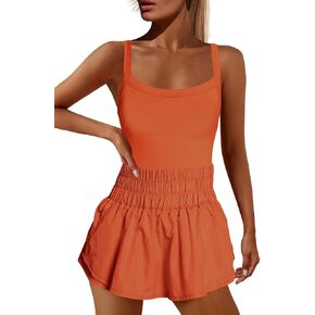 فستان تنس نسائي من Nirovien، تنورة للجري، قطعة واحدة، ملابس للتمرين، ملابس رياضية لليوجا (برتقالي ساطع، مقاس S) in Kuwait