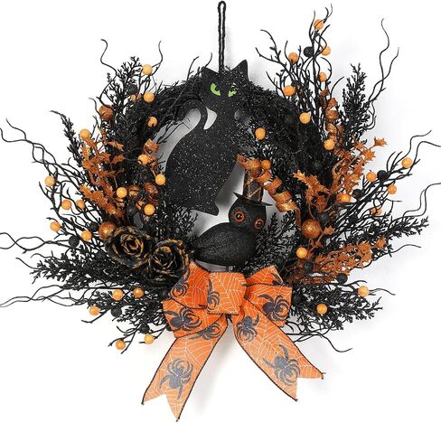 Halloween Black Cat Wreaths for Front Door, 22 Inch Natural Vines Wreath with Black Cat Rose Owl and Berry, Spooky Halloween Wreaths for Front Door Home Party Outside Decoration (Black and Orange) in Saudi Arabia