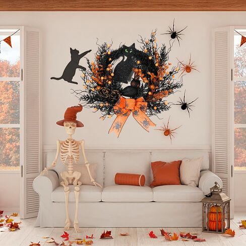 Halloween Black Cat Wreaths for Front Door, 22 Inch Natural Vines Wreath with Black Cat Rose Owl and Berry, Spooky Halloween Wreaths for Front Door Home Party Outside Decoration (Black and Orange) in Saudi Arabia