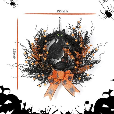 Halloween Black Cat Wreaths for Front Door, 22 Inch Natural Vines Wreath with Black Cat Rose Owl and Berry, Spooky Halloween Wreaths for Front Door Home Party Outside Decoration (Black and Orange) in Saudi Arabia