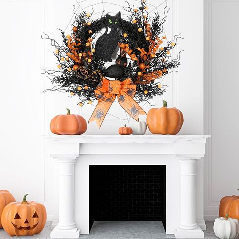 Halloween Black Cat Wreaths for Front Door, 22 Inch Natural Vines Wreath with Black Cat Rose Owl and Berry, Spooky Halloween Wreaths for Front Door Home Party Outside Decoration (Black and Orange) in Saudi Arabia