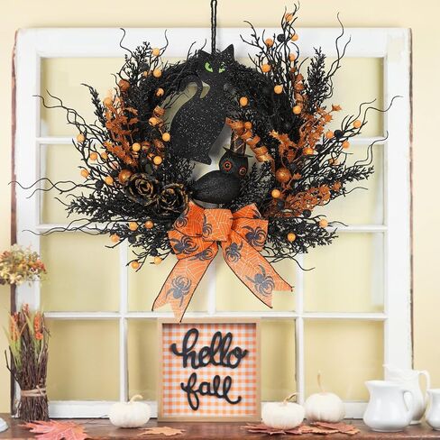 Halloween Black Cat Wreaths for Front Door, 22 Inch Natural Vines Wreath with Black Cat Rose Owl and Berry, Spooky Halloween Wreaths for Front Door Home Party Outside Decoration (Black and Orange) in Saudi Arabia