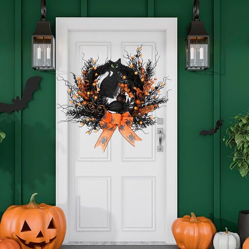 Halloween Black Cat Wreaths for Front Door, 22 Inch Natural Vines Wreath with Black Cat Rose Owl and Berry, Spooky Halloween Wreaths for Front Door Home Party Outside Decoration (Black and Orange) in Saudi Arabia