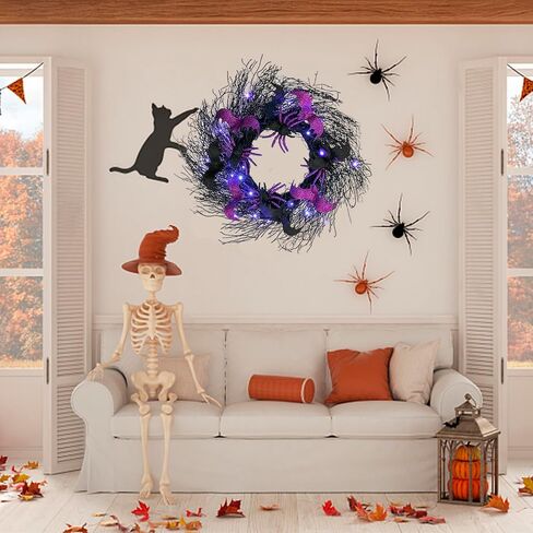 Halloween Black Cat Wreaths for Front Door, 22 Inch Natural Vines Wreath with Black Cat Rose Owl and Berry, Spooky Halloween Wreaths for Front Door Home Party Outside Decoration (Black and Orange) in Saudi Arabia