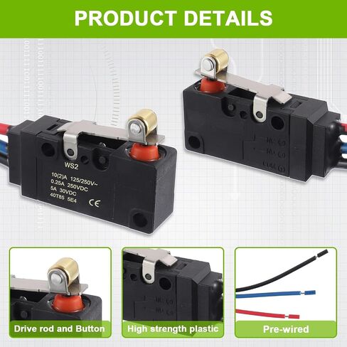3 Line 10A 250VAC Micro Limit Switch SPDT Waterproof Switch with Roller Lever and Pre Wired(pack of 2pcs) in Saudi Arabia