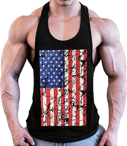 تي شيرت رجالي بدون أكمام للتمرين على شكل Y-Back Gym Muscle تي شيرت بدون أكمام مطبوع عليه علم in Saudi Arabia
