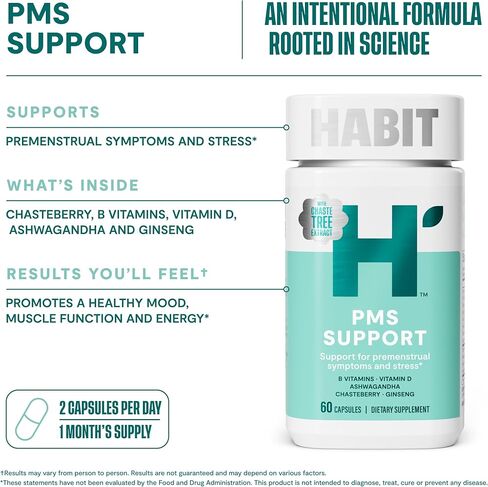 Habit PMS Support Supplement for Women (60 Capsules) - Supports Premenstrual Symptoms & Stress, Hormone Balance, Mood, B Vitamins, Vitamin D, Chasteberry, Ashwagandha, Gluten-Free, Non-GMO (1 Pack) in Kuwait