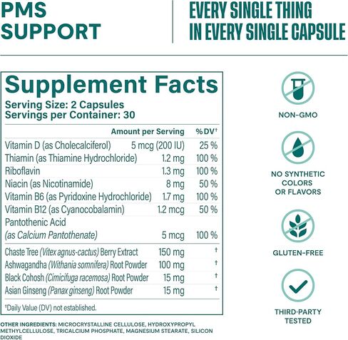 Habit PMS Support Supplement for Women (60 Capsules) - Supports Premenstrual Symptoms & Stress, Hormone Balance, Mood, B Vitamins, Vitamin D, Chasteberry, Ashwagandha, Gluten-Free, Non-GMO (1 Pack) in Kuwait