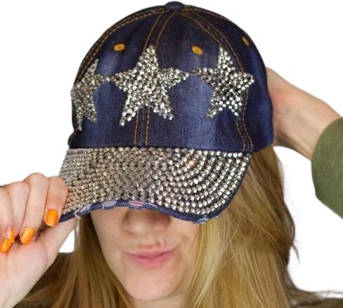 Popfizzy Rhinestone Baseball Cap for Women and Girls, Fun Bedazzled Hats, Cute Bling Denim and Diamond Hat, Sparkly Gifts in Saudi Arabia