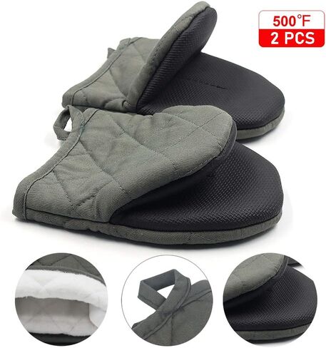 1 Pair Short Oven Mitts, Heat Resistant Silicone Kitchen Mini Oven Mitts for 500 Degrees, Non-Slip Grip Surfaces and Hanging Loop Gloves, Baking Grilling Barbecue Microwave Machine Washable (Gray) in Saudi Arabia