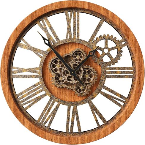 The Real Moving Gears Clock Large Wall Clock Oversized Farmhouse Wood Clock Living Room Decor Vintage Industrial Decorative Wall Clock for Home Kitchen Office (Vintage Brown, 18Inch(46cm)) in Saudi Arabia