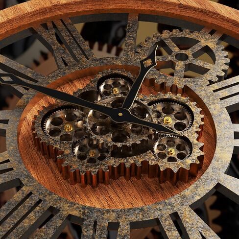 The Real Moving Gears Clock Large Wall Clock Oversized Farmhouse Wood Clock Living Room Decor Vintage Industrial Decorative Wall Clock for Home Kitchen Office (Vintage Brown, 18Inch(46cm)) in Saudi Arabia