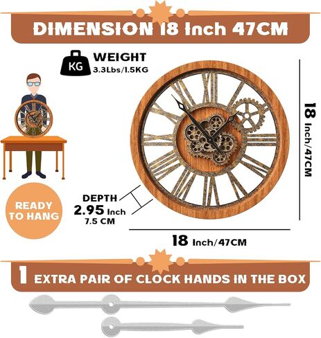 The Real Moving Gears Clock Large Wall Clock Oversized Farmhouse Wood Clock Living Room Decor Vintage Industrial Decorative Wall Clock for Home Kitchen Office (Vintage Brown, 18Inch(46cm)) in Saudi Arabia