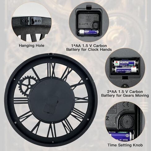 The Real Moving Gears Clock Large Wall Clock Oversized Farmhouse Wood Clock Living Room Decor Vintage Industrial Decorative Wall Clock for Home Kitchen Office (Vintage Brown, 18Inch(46cm)) in Saudi Arabia