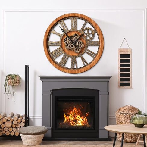 The Real Moving Gears Clock Large Wall Clock Oversized Farmhouse Wood Clock Living Room Decor Vintage Industrial Decorative Wall Clock for Home Kitchen Office (Vintage Brown, 18Inch(46cm)) in Saudi Arabia