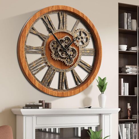 The Real Moving Gears Clock Large Wall Clock Oversized Farmhouse Wood Clock Living Room Decor Vintage Industrial Decorative Wall Clock for Home Kitchen Office (Vintage Brown, 18Inch(46cm)) in Saudi Arabia