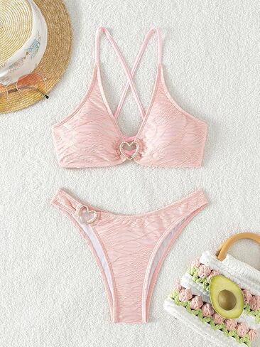 OYOANGLE Women's 2 Pieces Bikini Set Heart Ring Linked Tie Back Swimsuit High Cut Bathing Suit in Saudi Arabia