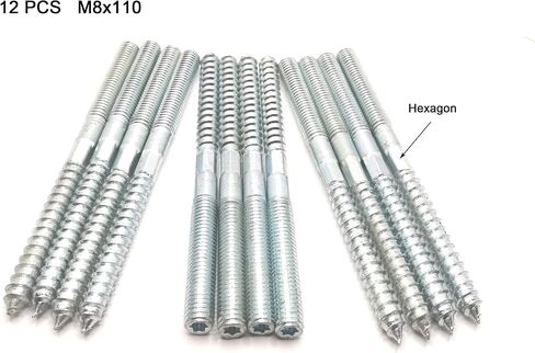 Hanger Bolt M8x100 Silvery Double Headed Bolt Self-Tapping Screw with Hexagon for Furniture 12Pcs in Saudi Arabia