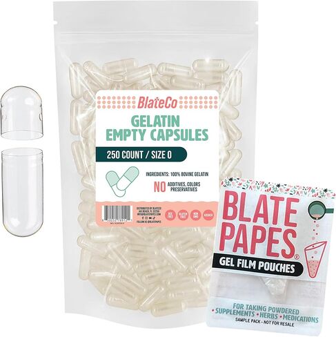 حجم ممتاز 0 كبسولات جيلاتينية فارغة، عدد 250 (شفاف) مع أكياس فيلم هلامية من Blate Papes® - أغطية أقراص جديدة غير معدلة وراثيًا وقابلة للتعبئة في كيس قابل للإغلاق - لا يوجد شيء اصطناعي على الإطلاق. in Saudi Arabia